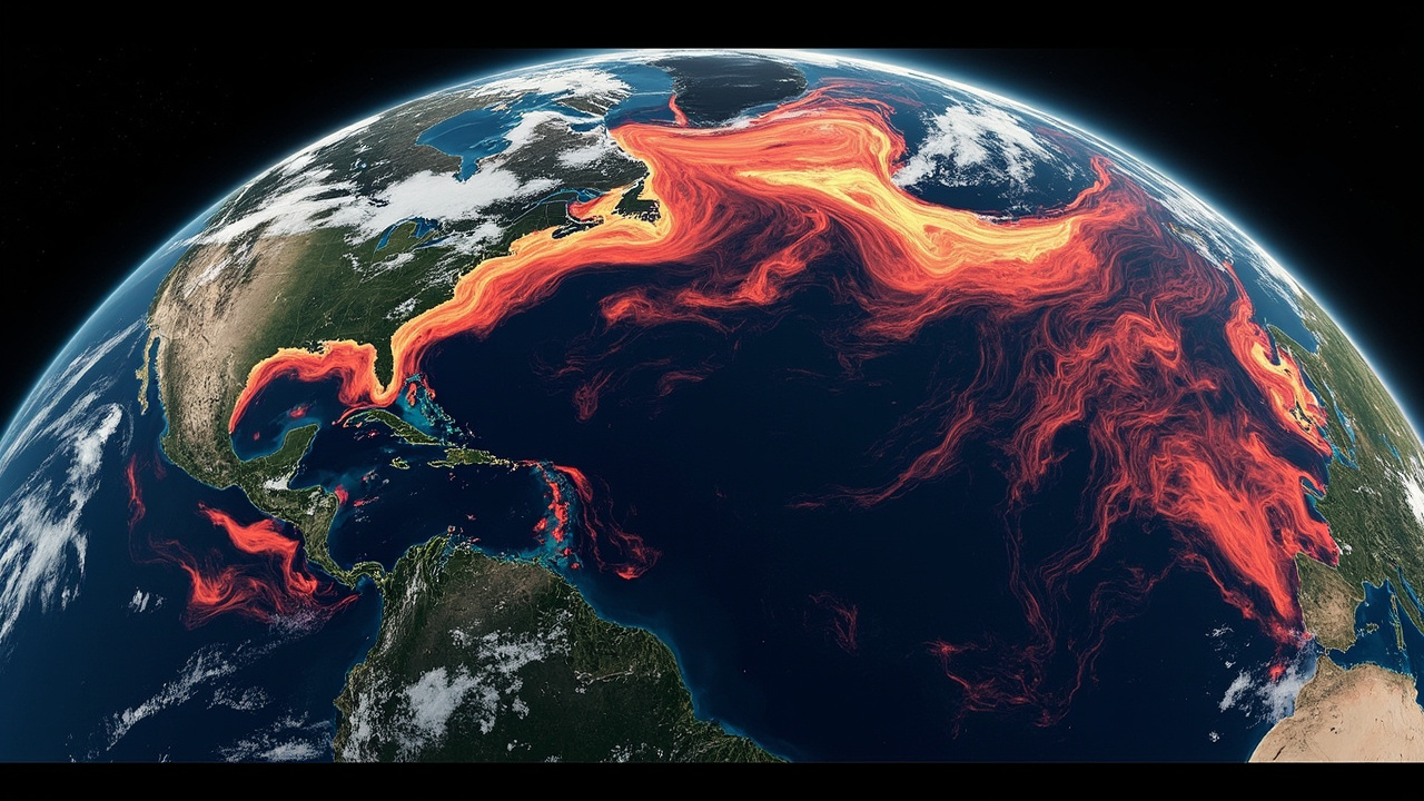 Satellite view of Earth showing deep ocean currents visualized as heat maps, warm reds concentrated in the Atlantic and Pacific basins
