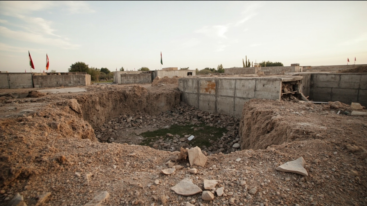 Crater and damaged concrete walls at a military compound near Erbil with Kurdish Peshmerga flags visible