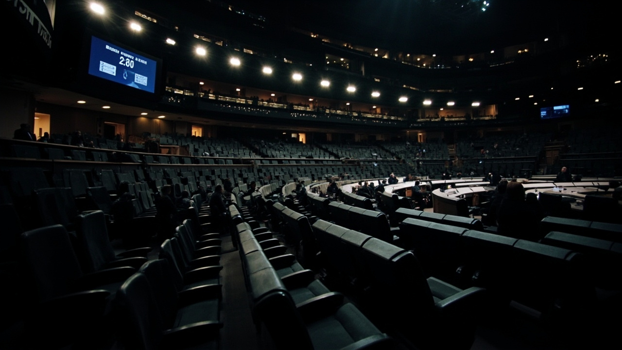 The European Parliament hemicycle in Brussels, half-empty seats under diffused lighting, a digital display showing a vote tally