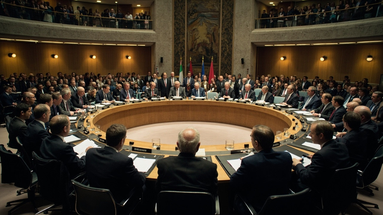 European Council meeting room in Brussels with diplomats seated around a circular table reviewing documents