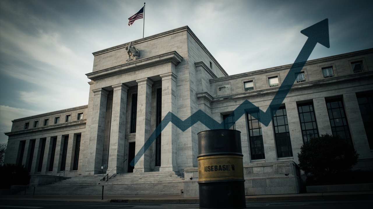The Federal Reserve building in Washington with an oil barrel and upward-pointing arrow graphic overlaid