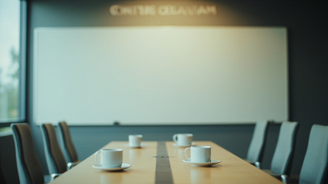A venture capital conference room with an empty whiteboard and untouched coffee cups on a long table