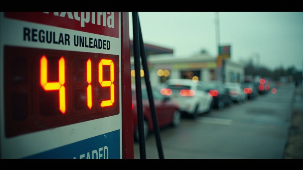 Close-up of a gas station price sign showing regular unleaded at $4.19, with a line of cars waiting in the background