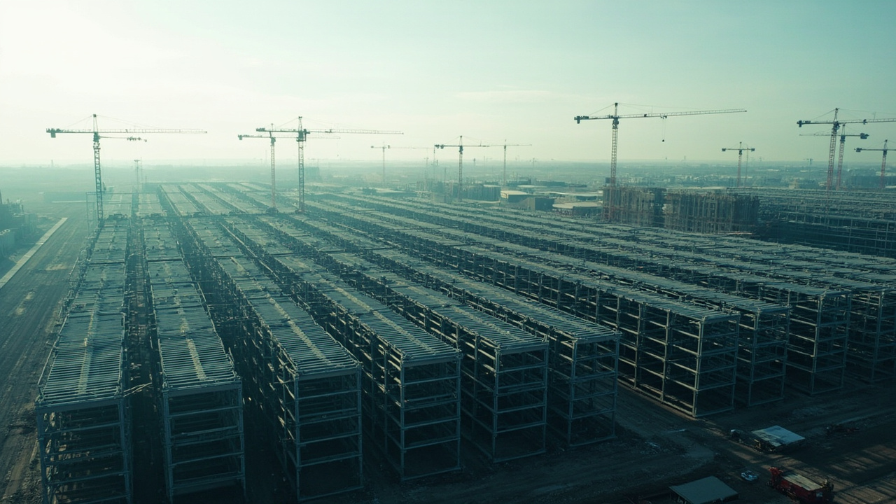 An aerial view of a massive data center under construction, cranes visible against a flat horizon, steel framework rising in rows