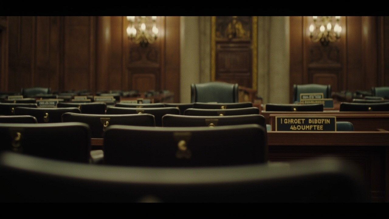 Empty hearing room in the Rayburn House Office Building, committee nameplates visible, chairs pushed back as if members just left in a hurry