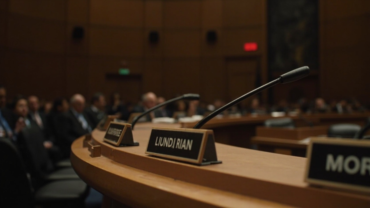 An empty congressional hearing room with microphones arranged along a curved wooden dais and nameplates turned face down
