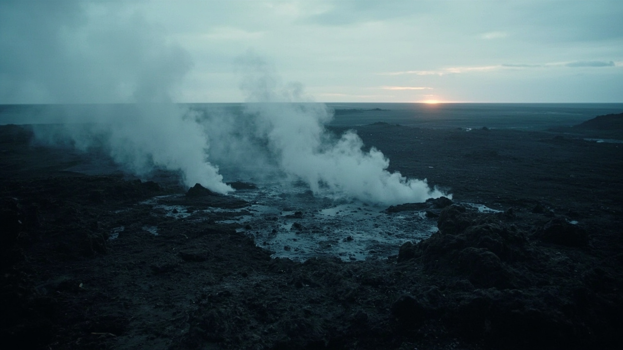 A barren volcanic landscape with steam rising from fissures in dark lava rock, a distant glow on the horizon, overcast sky