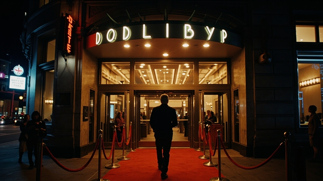 The illuminated Dolby Theatre entrance on Hollywood Boulevard with red carpet barriers and camera flashes reflecting off glass doors