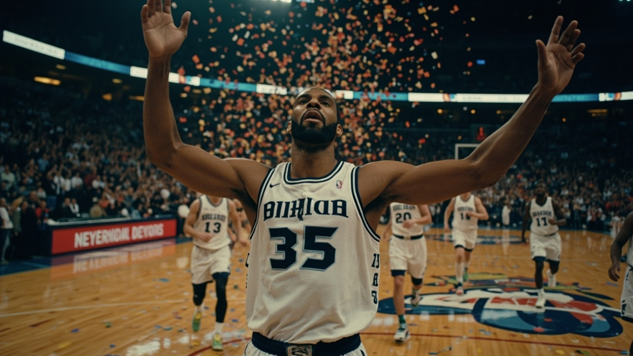 A basketball player celebrating with arms raised at center court, confetti beginning to fall, teammates rushing from the bench