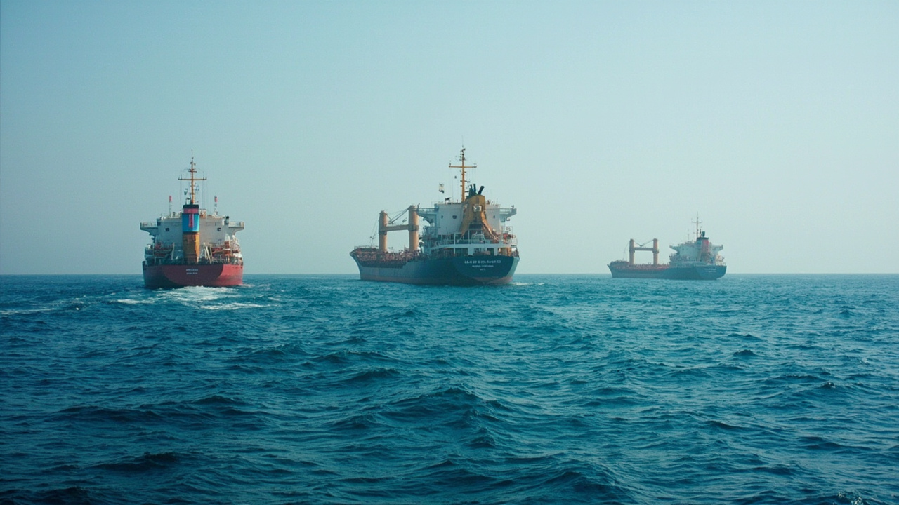Commercial vessels anchored near the Strait of Hormuz while diplomatic terms are exchanged