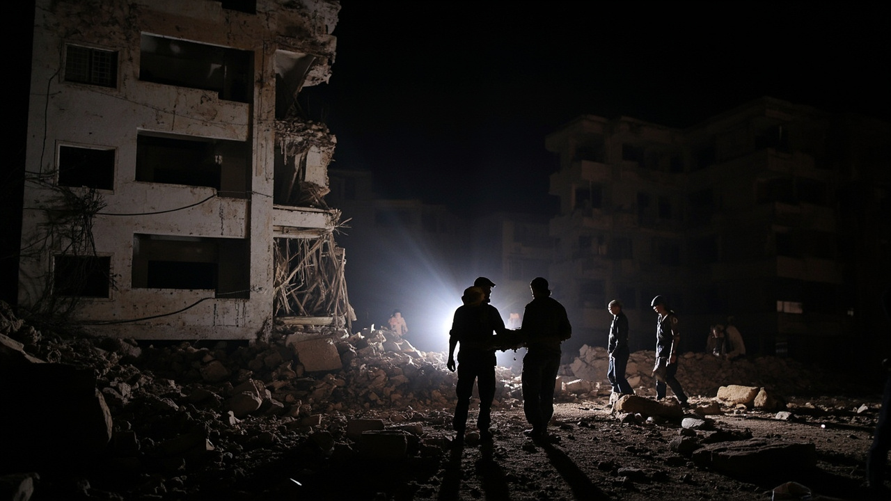 Rescue workers carrying a stretcher through rubble of a collapsed apartment building in southern Beirut at night