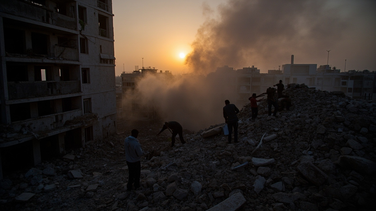 Rescue workers searching through concrete rubble of a destroyed apartment building in Beirut's southern suburbs at dawn