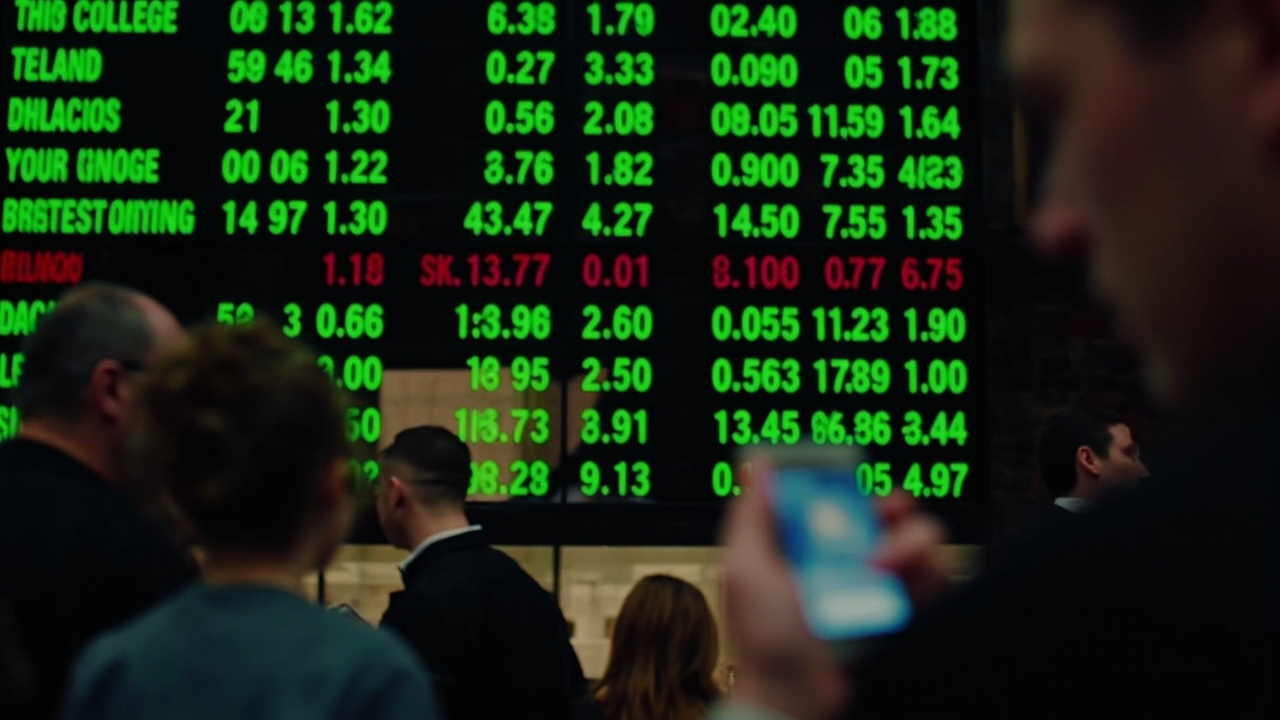A sports betting board showing college basketball odds, green and red numbers scrolling, blurred faces of bettors checking phones in the foreground
