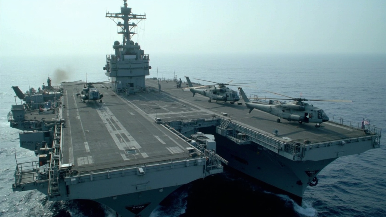 Amphibious assault ship at sea with Marine helicopters on the flight deck, Persian Gulf waters in the background