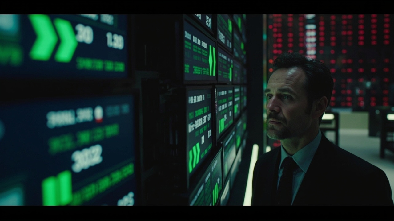 A stock exchange trading floor seen from above, screens showing green arrows alongside red tickers in adjacent columns