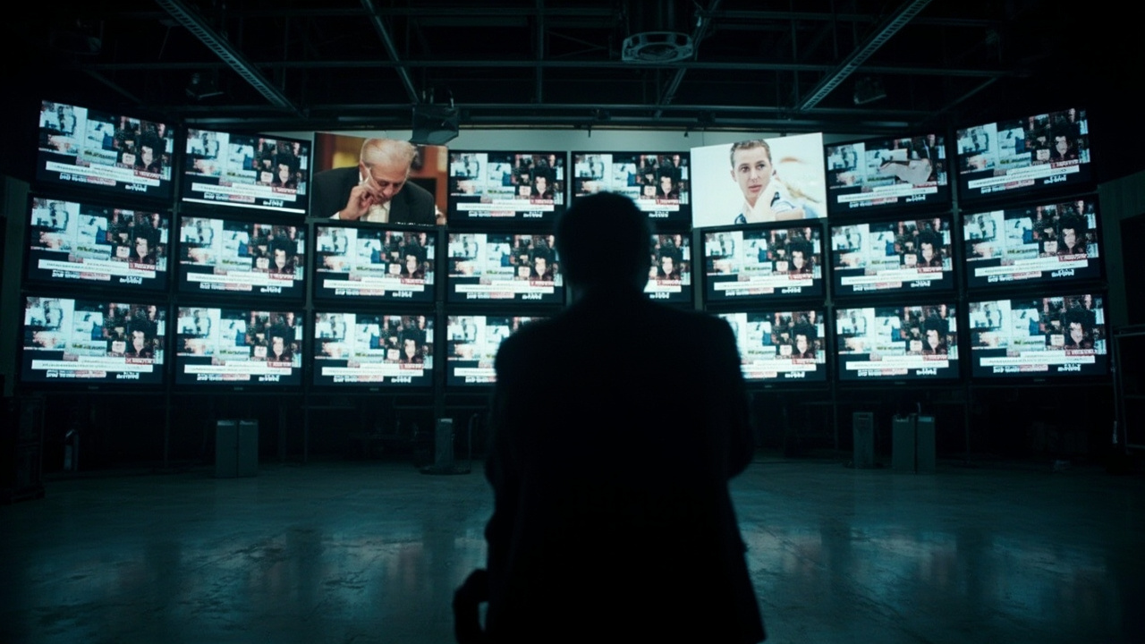 A wall of television screens in an empty newsroom, each showing different local news broadcasts with identical lower-third graphics