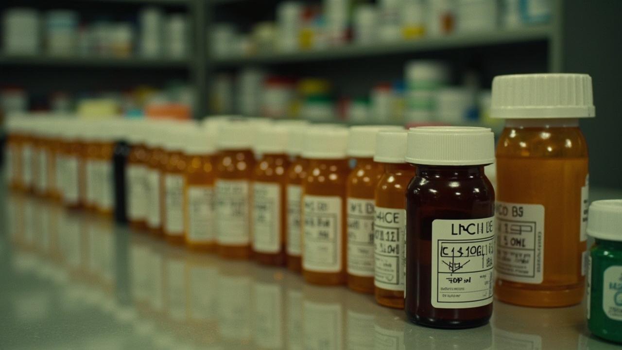 A pharmacy counter with rows of prescription bottles arranged by color, a price tag visible on one bottle showing a crossed-out high number and a lower replacement