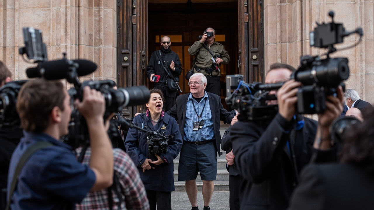 Courthouse steps in Santa Fe with media crews after the Meta child safety verdict