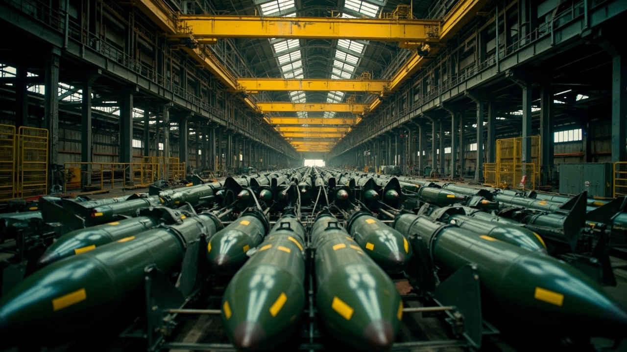 A missile production line inside a cavernous defense factory with yellow overhead cranes and rows of unfinished munitions