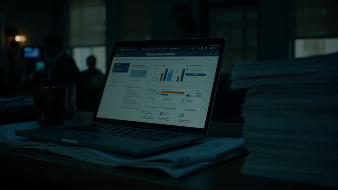 A laptop screen showing a news credibility rating dashboard in a dimly lit office with legal documents stacked beside it