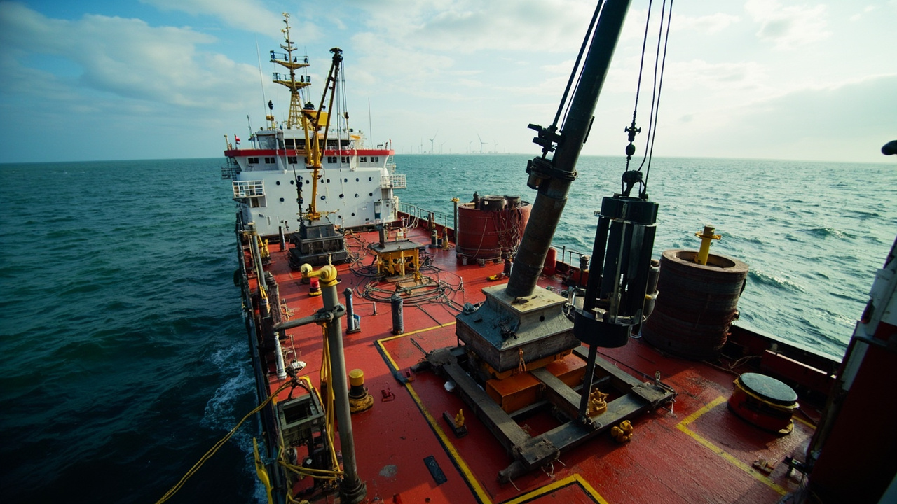 Jack-up turbine installation vessel at Race Bank windfarm off Norfolk coast, UK waters, steel components visible on deck