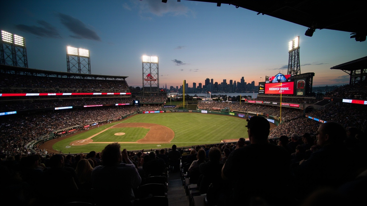 Oracle Park at dusk before the first pitch, stadium lights on, the San Francisco skyline visible beyond the outfield wall
