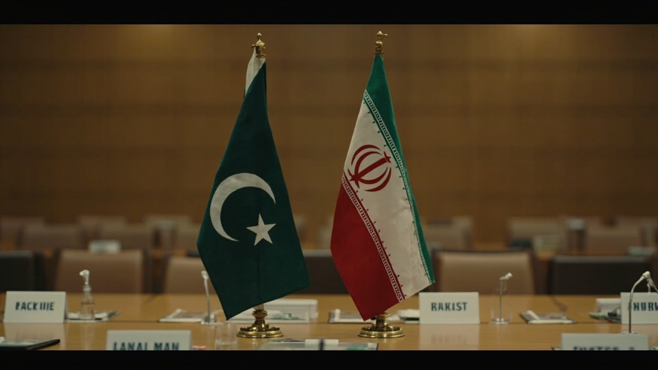Pakistani and Iranian flags side by side on a diplomatic table with empty chairs in a formal meeting room