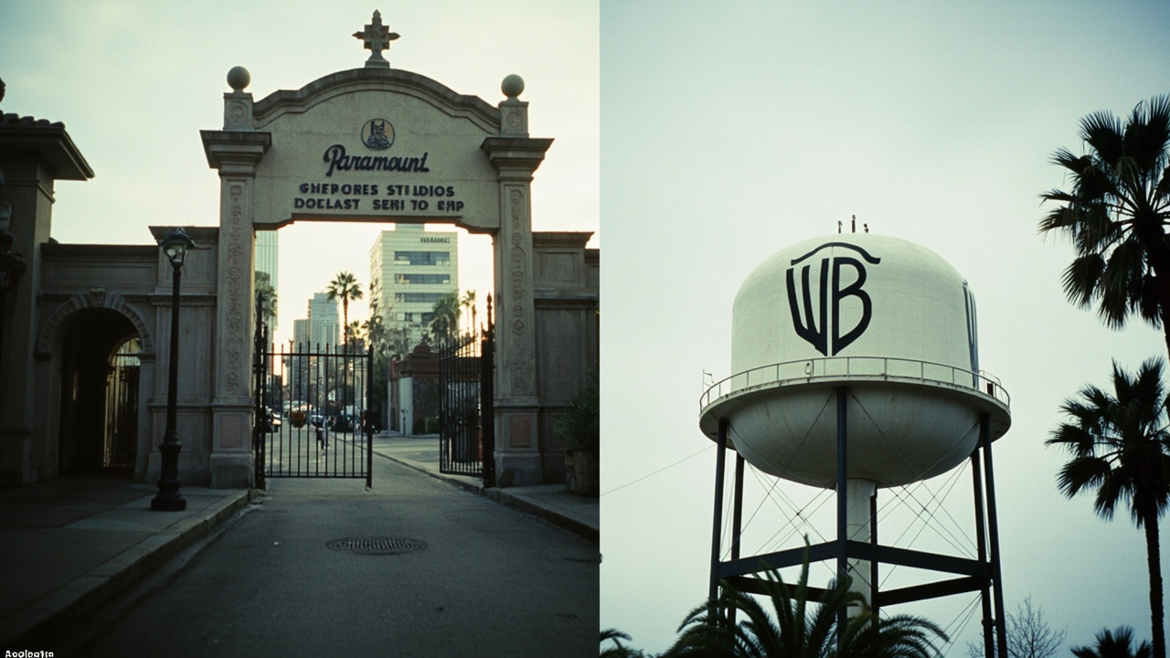 The Paramount Pictures studio gate and the Warner Bros. water tower shown side by side in a split composition, both under gray skies