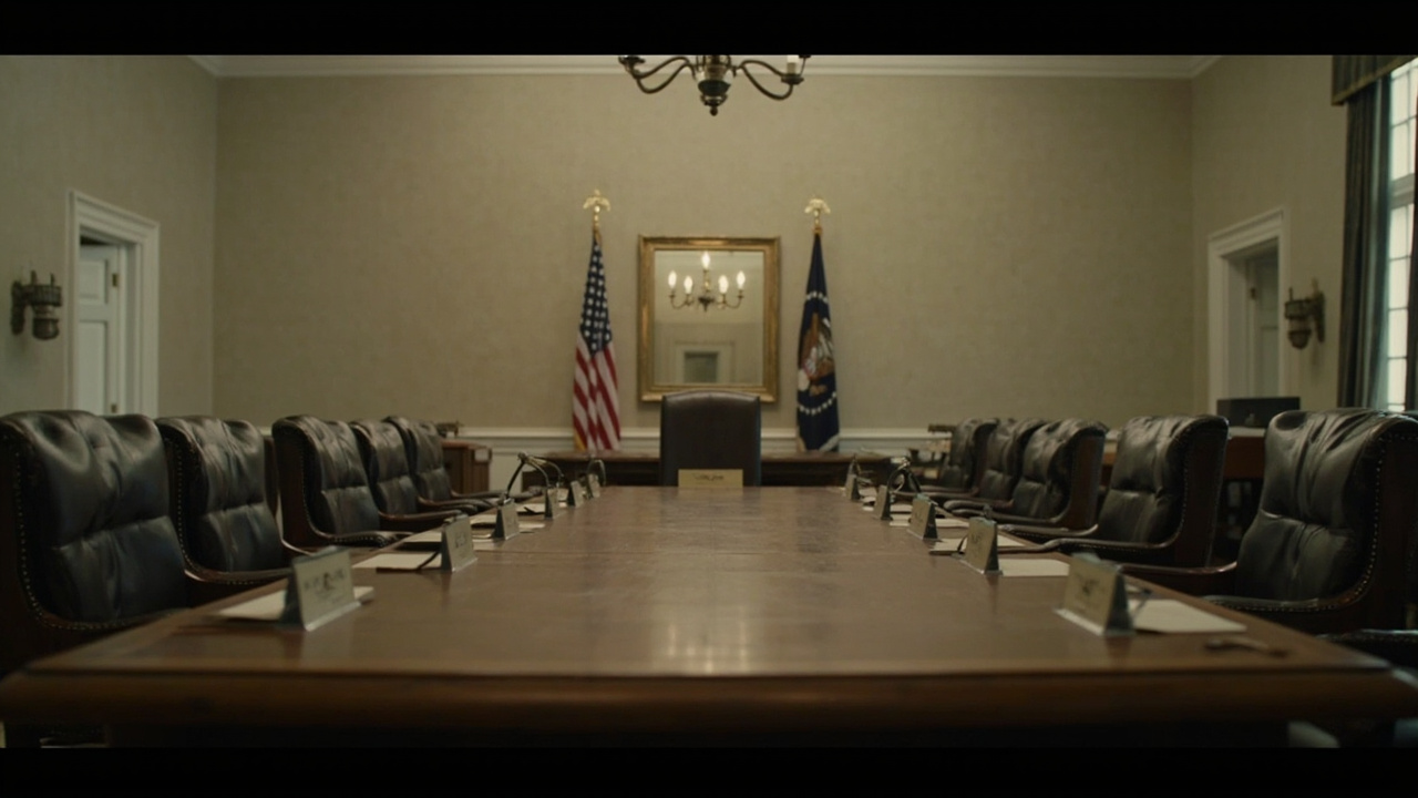 A long conference table in a formal White House meeting room, empty leather chairs, American flag in background, nameplate placards visible