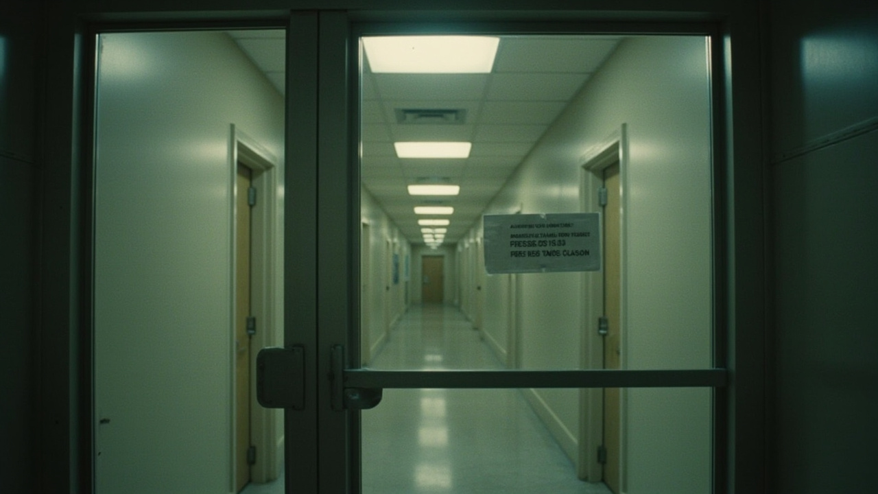 Empty Pentagon corridor with fluorescent lighting, press room doors closed, a printed sign reading 'Authorized Personnel Only' taped to a glass door