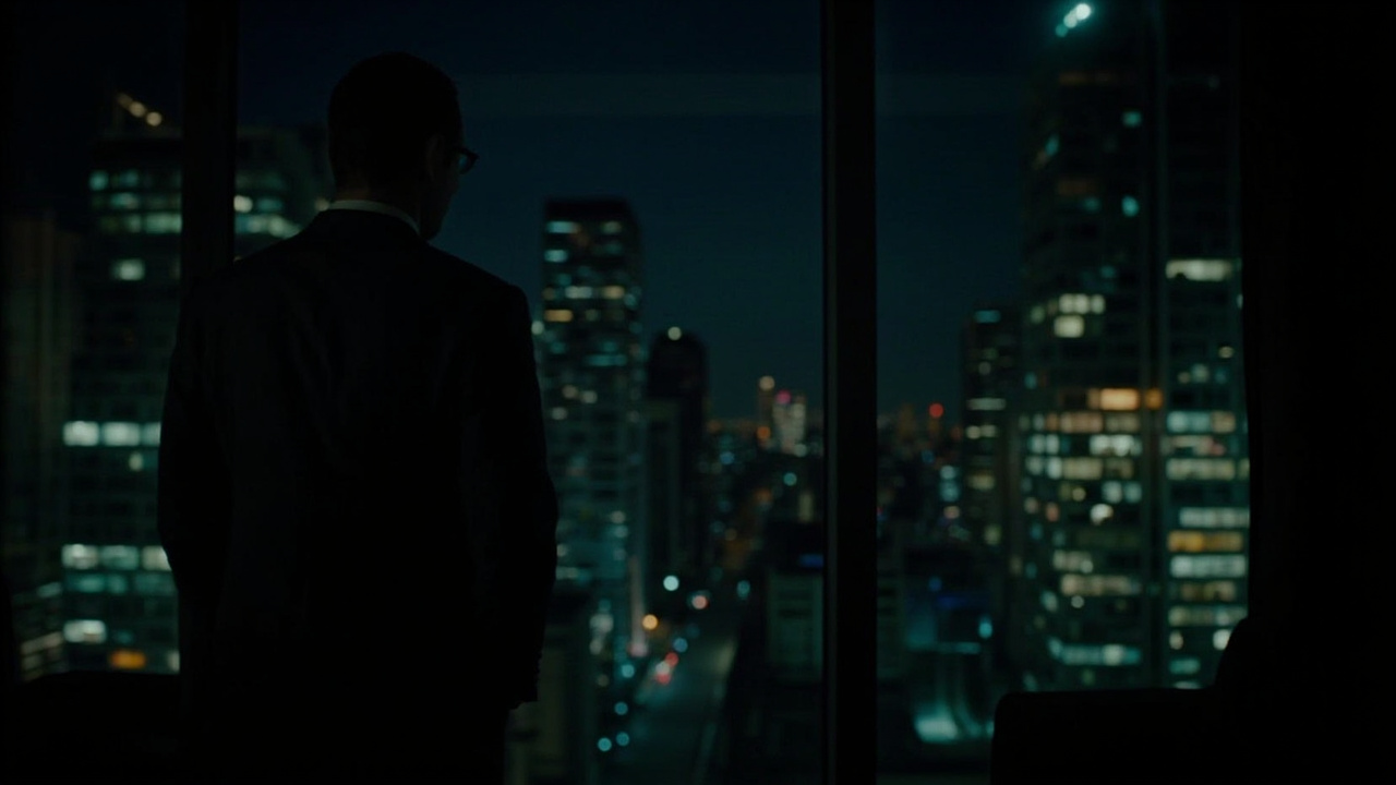 Silhouette of a man in a tailored suit standing at a floor-to-ceiling window overlooking a nighttime cityscape, reflection barely visible in the glass