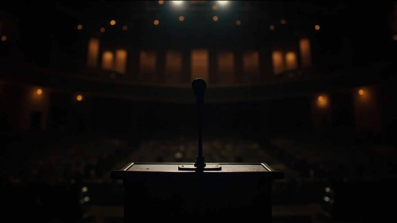 A podium microphone in a dimly lit awards hall with an empty stage and rows of chairs awaiting an audience