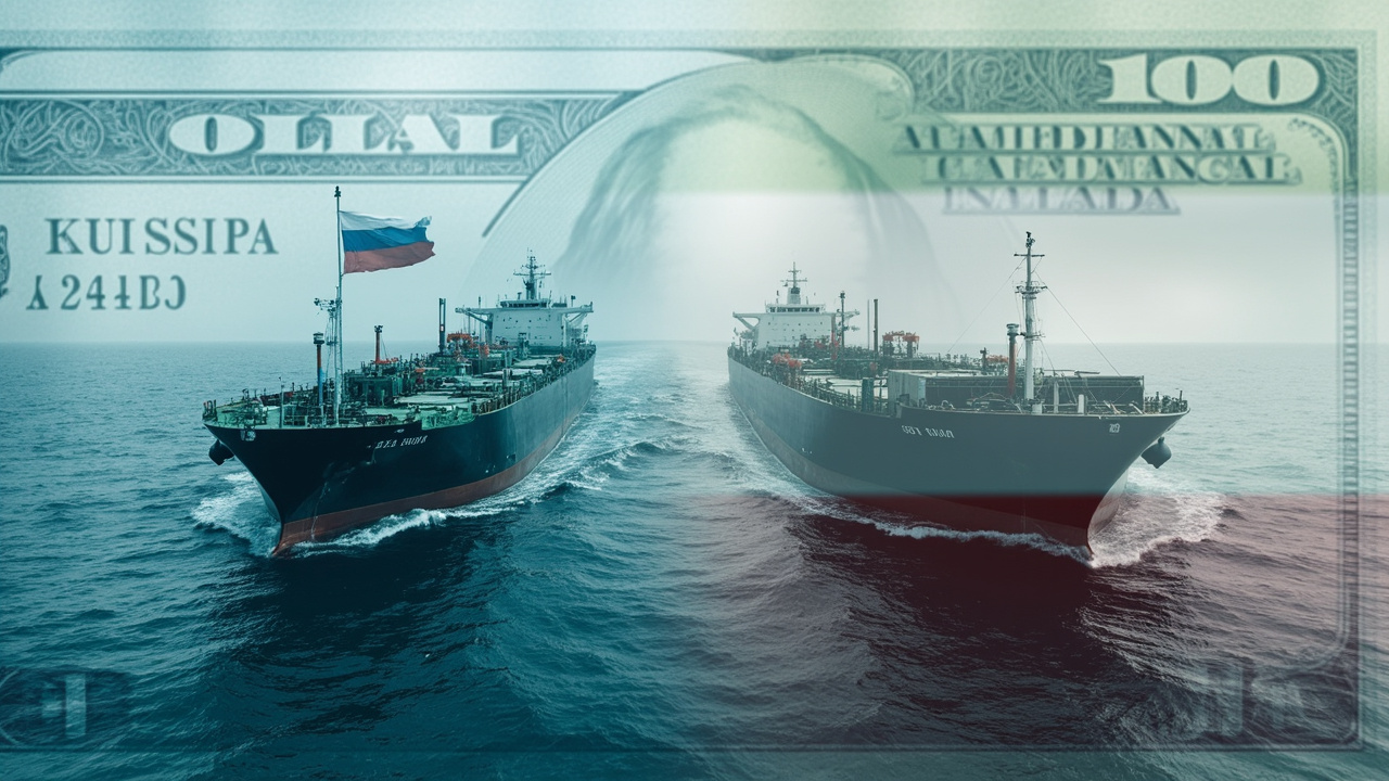 Split image of Russian and Iranian oil tankers at sea, both flying their respective national flags, with a faded American dollar bill overlay