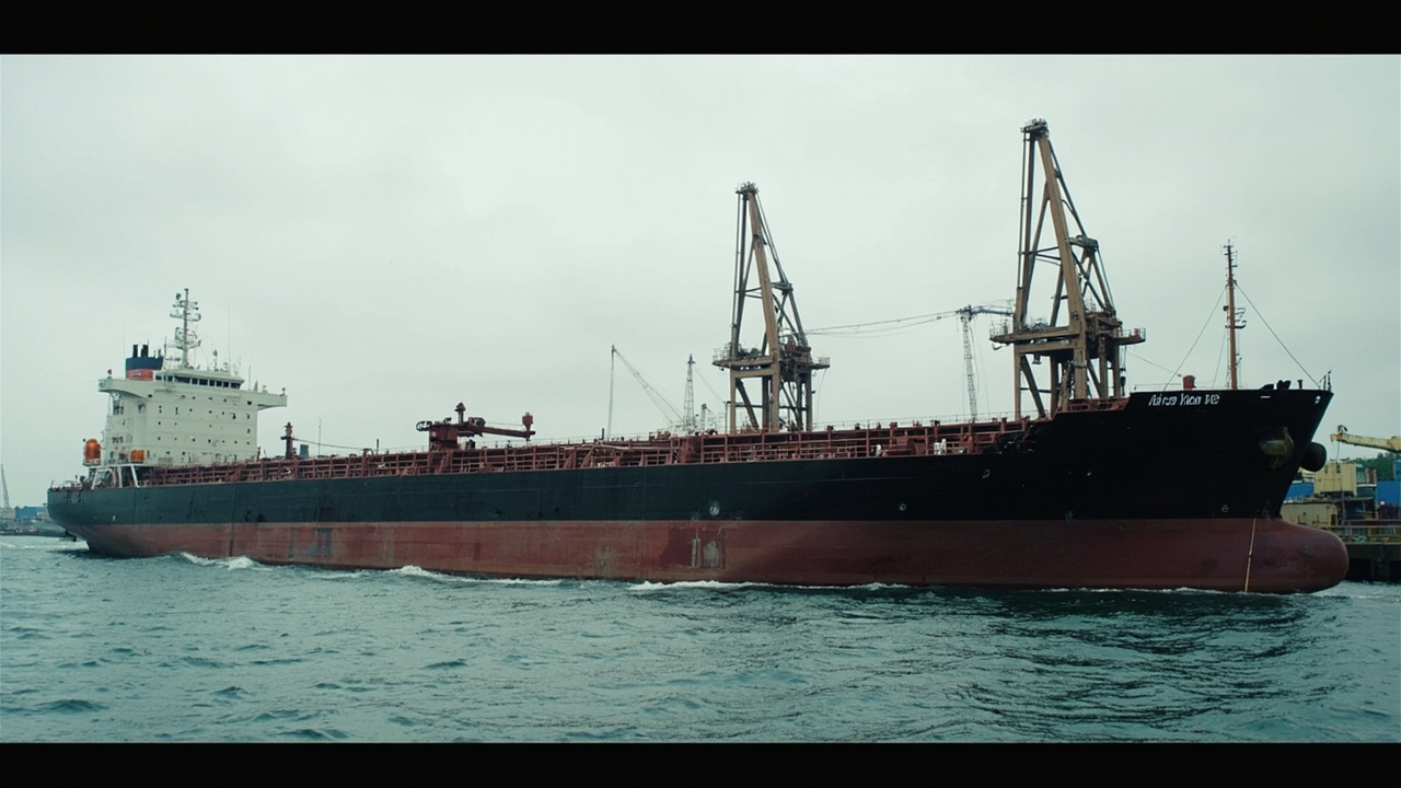 Empty oil tanker berthed at an Indian port with no loading activity, overcast sky, dock cranes idle