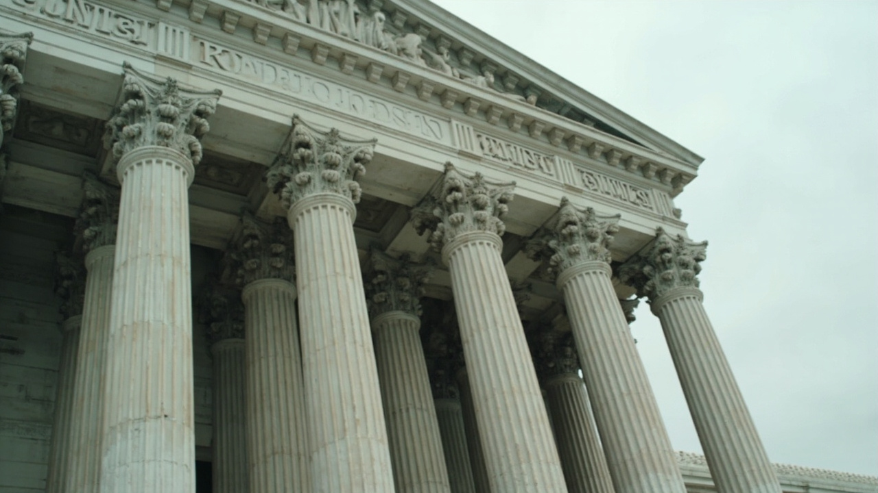 The US Supreme Court building facade with its marble columns, shot from below against an overcast March sky