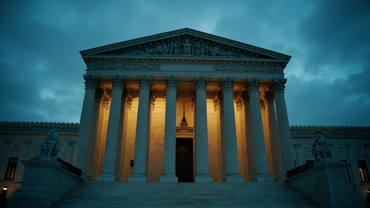 The marble facade of the Supreme Court building at dusk with warm light spilling from the windows