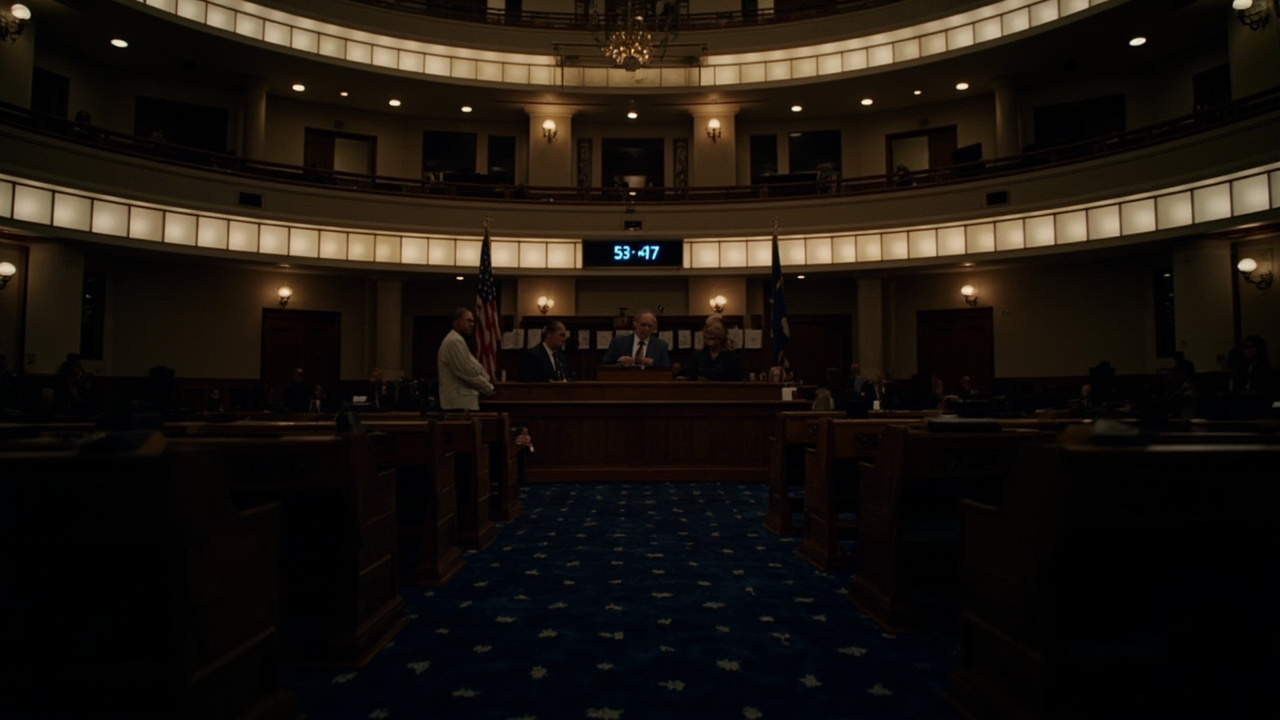 Empty Senate chamber with vote tally board showing 53-47 result