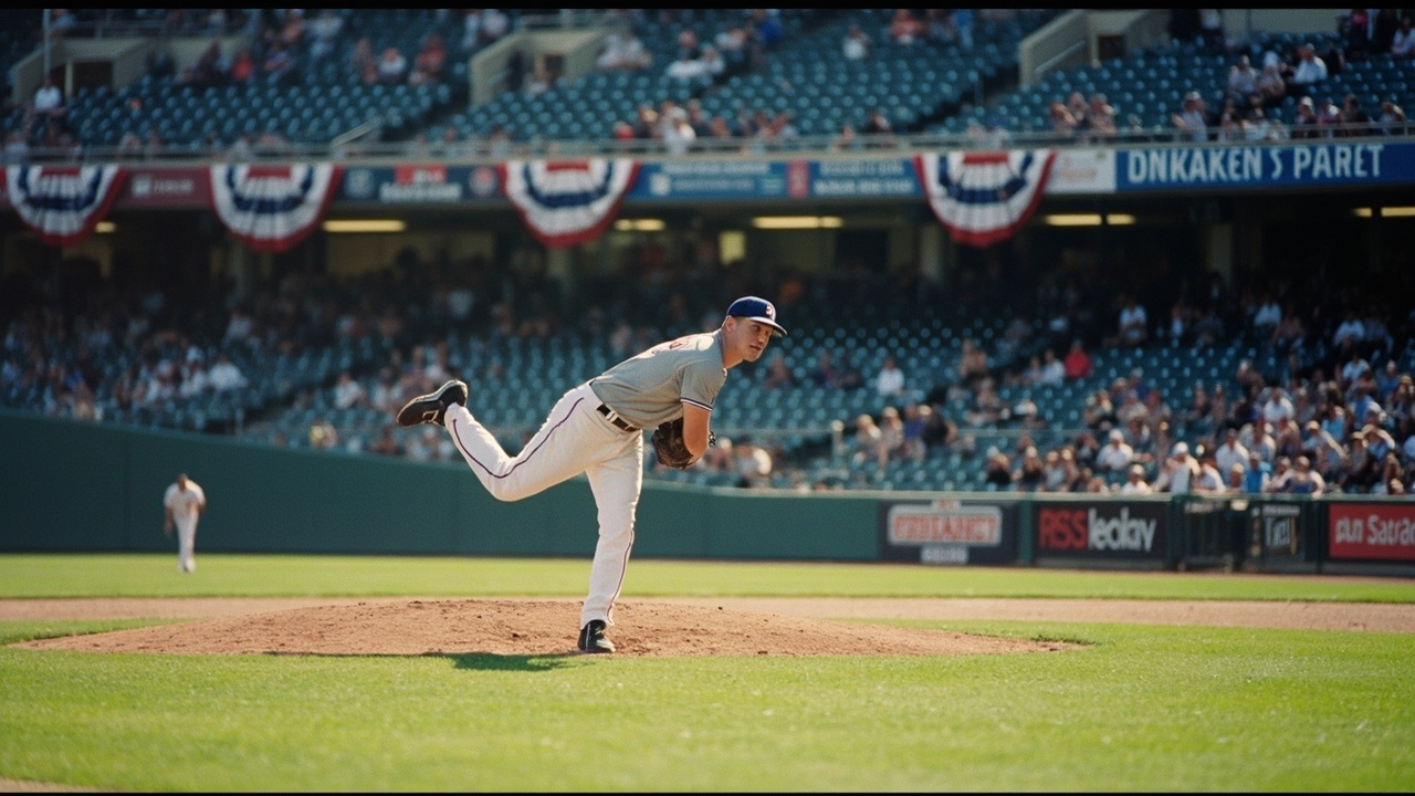 A pitcher in mid-delivery on a bright afternoon mound, empty outfield seats filling behind him, Opening Day bunting draped along the upper deck