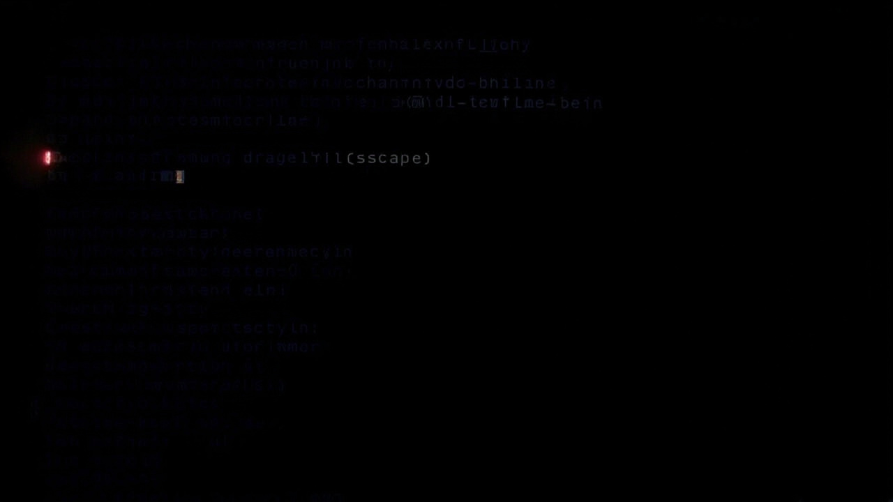 A dark computer terminal displaying lines of hexadecimal code with a red alert notification flashing in the corner