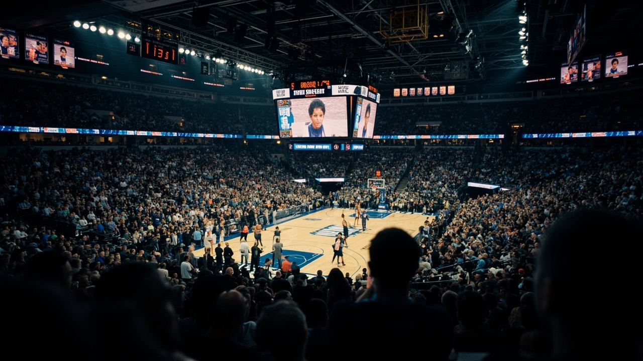 A packed college basketball arena during a timeout, confetti still settling from a dramatic upset, student section in pandemonium