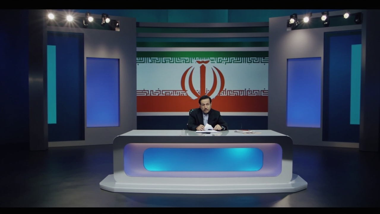 Iranian state television broadcast screen showing a news anchor desk with an empty chair and the IRGC Navy emblem displayed behind it