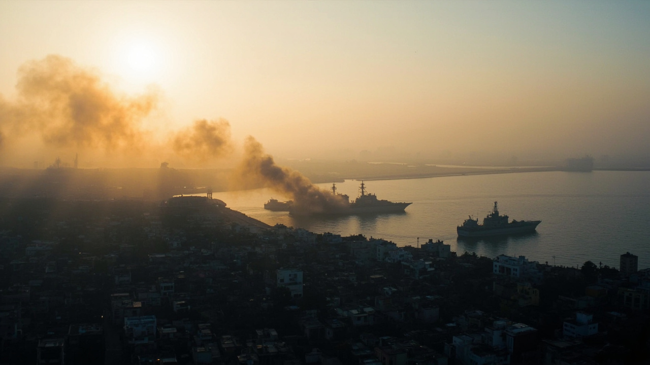 Aerial view of Bandar Abbas port city at dawn, smoke rising from a residential district near the waterfront, Iranian navy vessels visible in the harbor