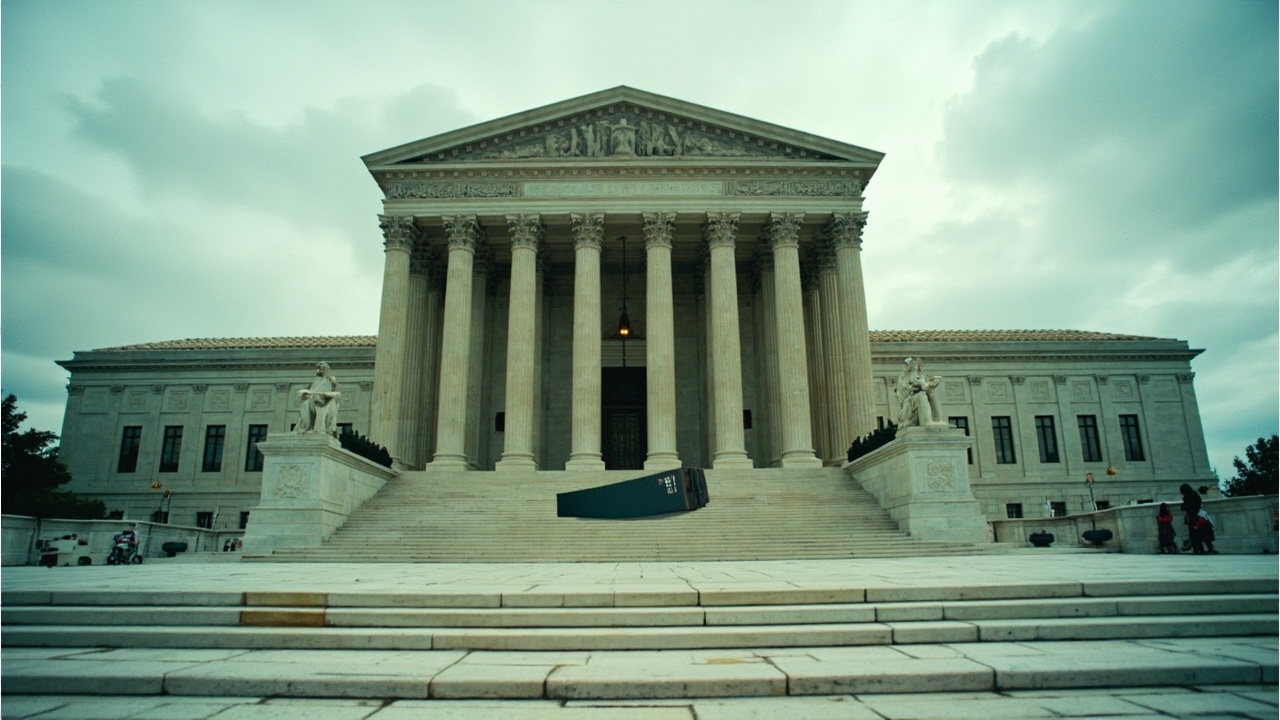 The facade of the Supreme Court building with shipping containers digitally superimposed on the steps, a cloudy sky overhead