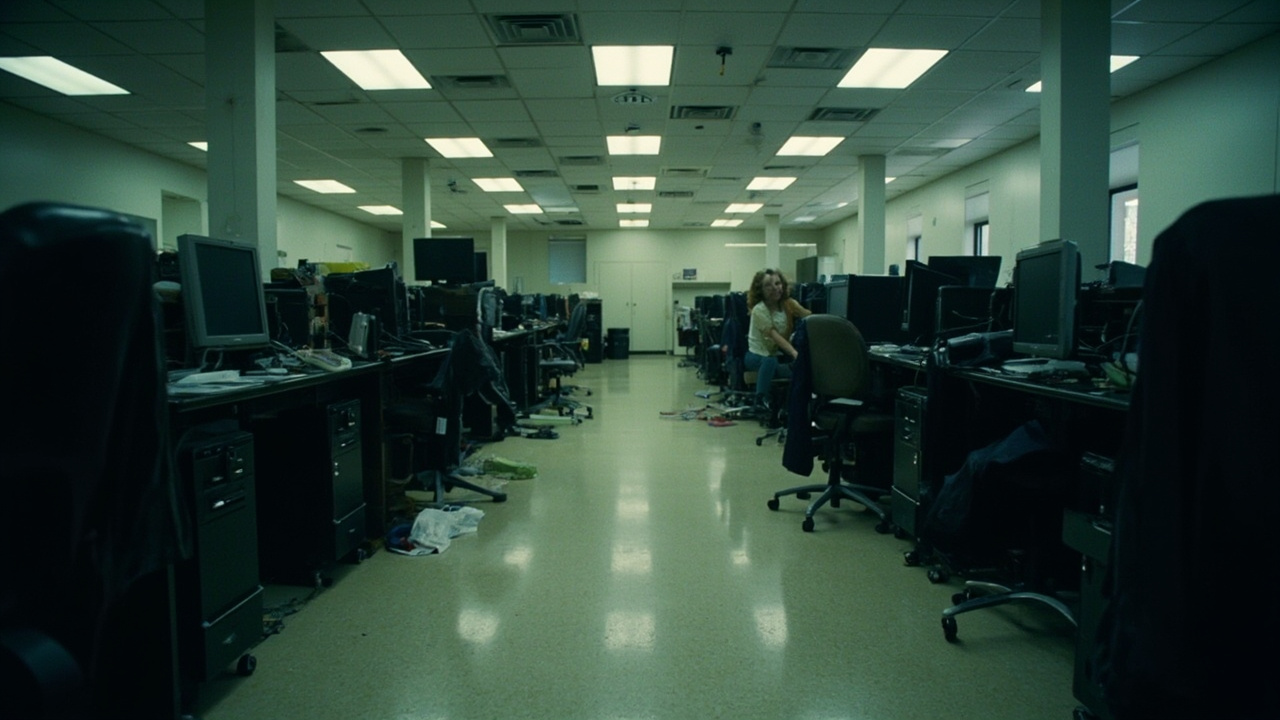 Empty office floor with rows of monitors still powered on, chairs pushed back from desks, personal items left behind