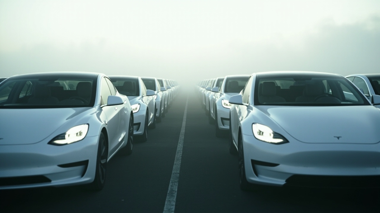 Rows of unsold Tesla vehicles in a delivery lot, morning fog partially obscuring the identical white sedans stretching to the horizon