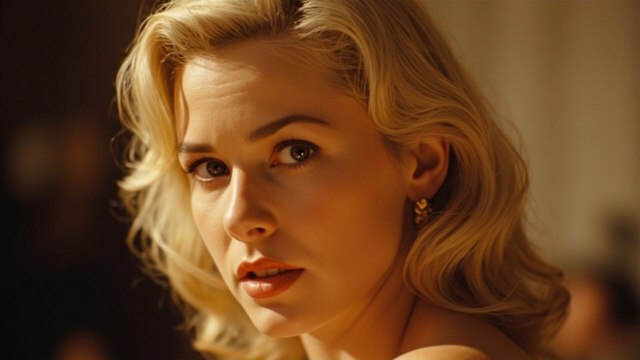 A vintage 1970s Hollywood portrait style image of a blonde actress in soft focus, warm golden lighting, film grain texture