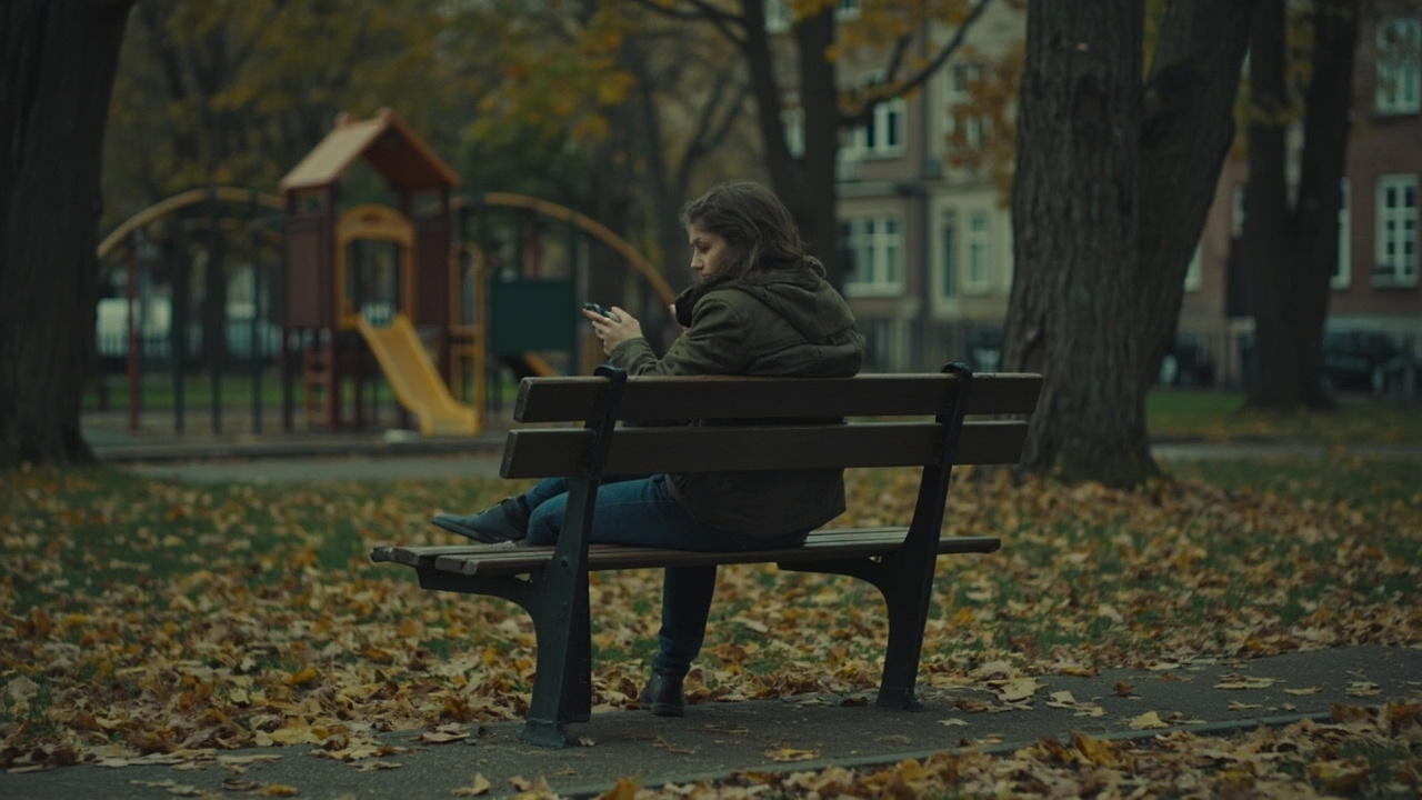 A woman sitting alone on a park bench looking at her phone, shoulders hunched, autumn leaves scattered on the ground, an empty playground behind her