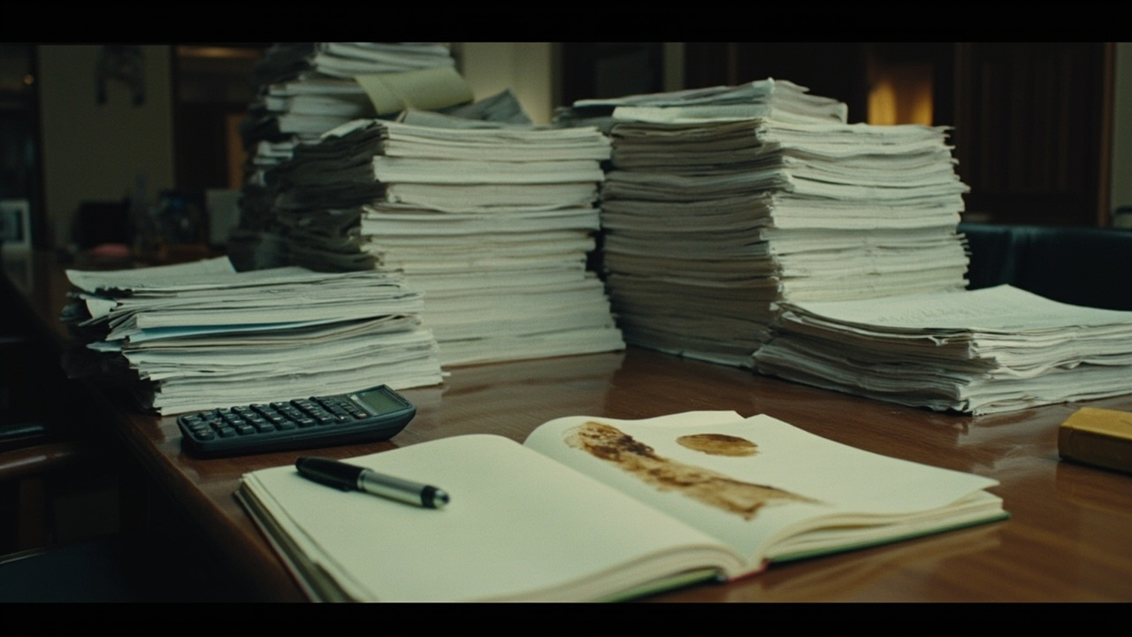 Stacks of bound US Treasury documents on a conference table with a calculator and pen beside a coffee-stained notepad
