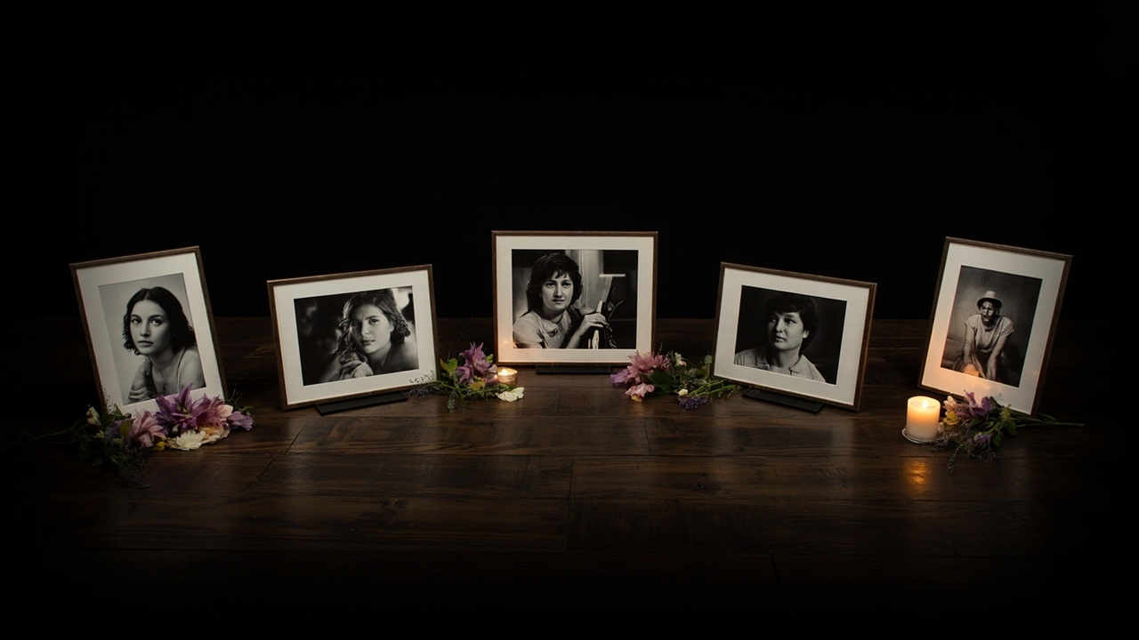 Five framed photographs arranged on a dark wooden surface, each lit by a single candle, flowers scattered between the frames
