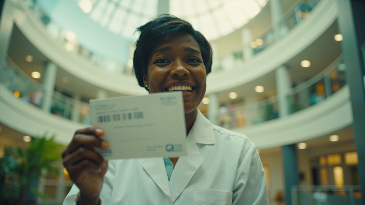 Young Black woman in white medical coat holding a Match Day envelope, tears of joy visible, standing in a hospital atrium with sunlight streaming through skylights